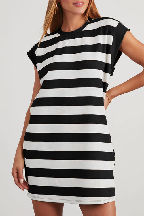 Black Stripe Cap Sleeve Shift T Shirt Dress - Crowned Energy CO.