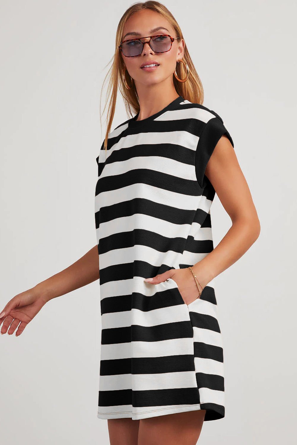 Black Stripe Cap Sleeve Shift T Shirt Dress - Crowned Energy CO.