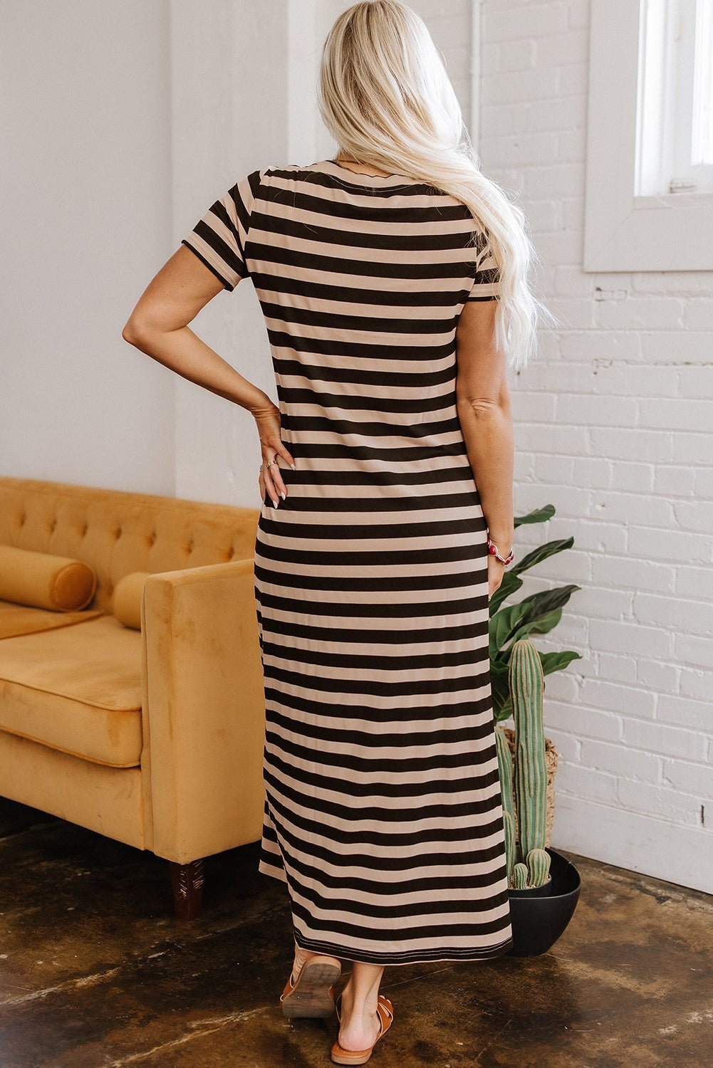 Crowned Energy CO. Black Stripe / S / 65%Viscose+30%Polyester+5%Elastane Dear-Lover Dropshipping Dresses/T Shirt Dresses Black Stripe Casual Round Neck T-shirt Maxi Dress with Pockets