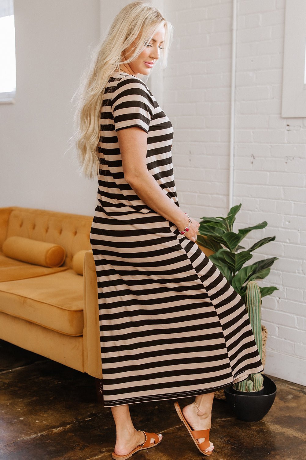 Crowned Energy CO. Black Stripe / S / 65%Viscose+30%Polyester+5%Elastane Dear-Lover Dropshipping Dresses/T Shirt Dresses Black Stripe Casual Round Neck T-shirt Maxi Dress with Pockets