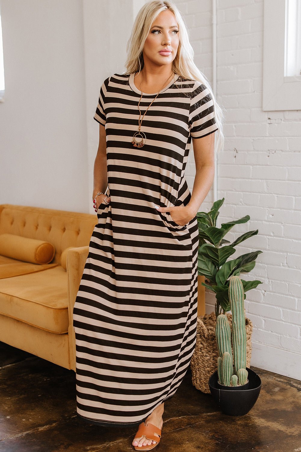 Crowned Energy CO. Black Stripe / S / 65%Viscose+30%Polyester+5%Elastane Dear-Lover Dropshipping Dresses/T Shirt Dresses Black Stripe Casual Round Neck T-shirt Maxi Dress with Pockets