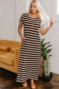 Crowned Energy CO. Black Stripe / S / 65%Viscose+30%Polyester+5%Elastane Dear-Lover Dropshipping Dresses/T Shirt Dresses Black Stripe Casual Round Neck T-shirt Maxi Dress with Pockets