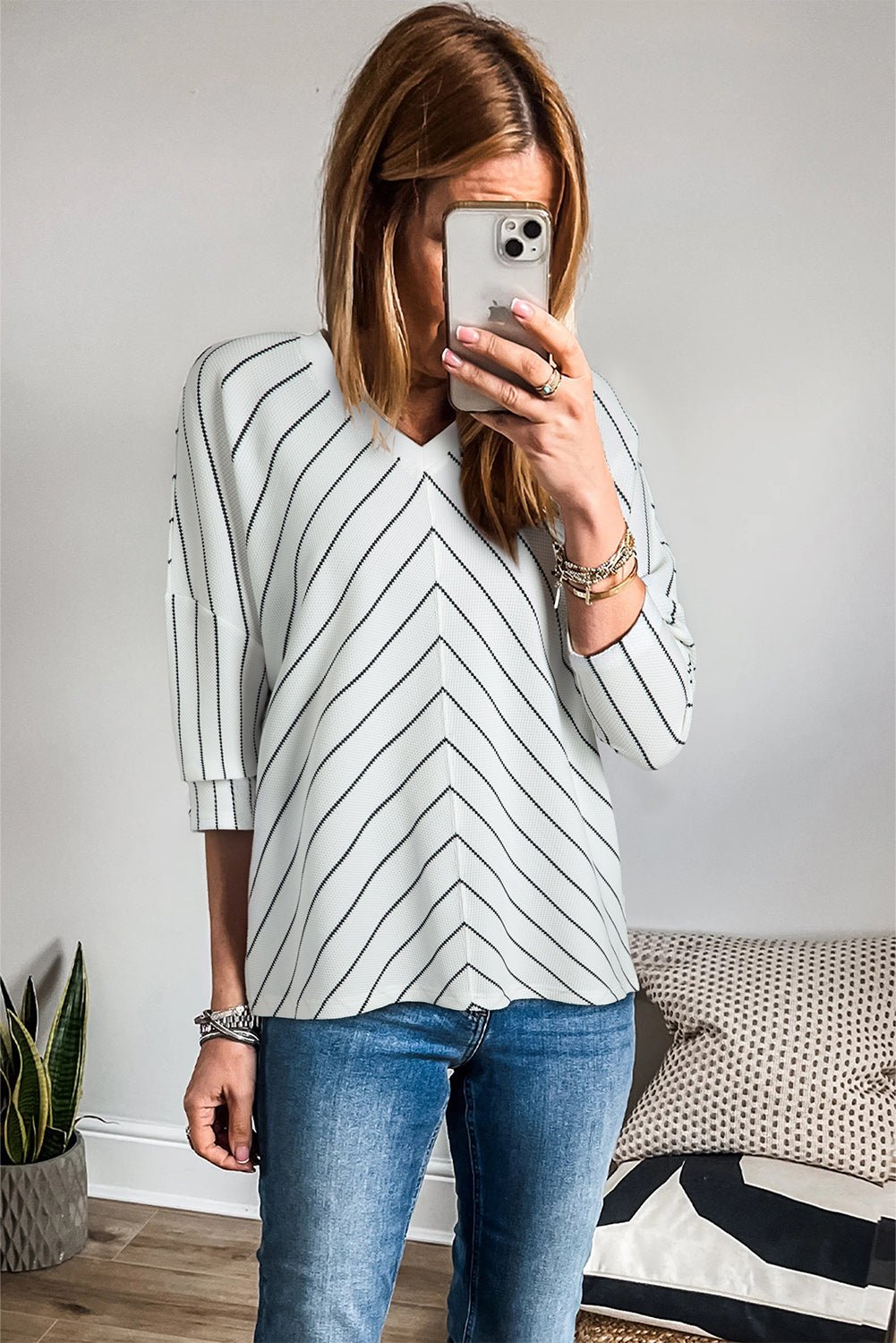 Black Stripe Chevron Striped V Neck Long Sleeve Casual Top - Crowned Energy CO.