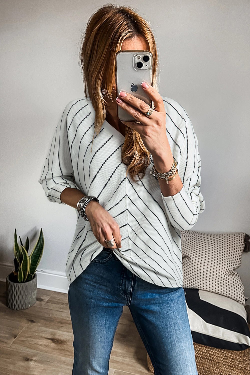 Black Stripe Chevron Striped V Neck Long Sleeve Casual Top - Crowned Energy CO.