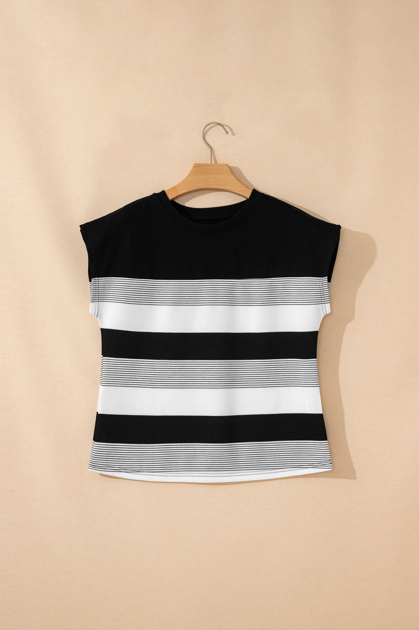 Black Stripe Mixed Print Crew Neck Cap Sleeve T Shirt - Crowned Energy CO.