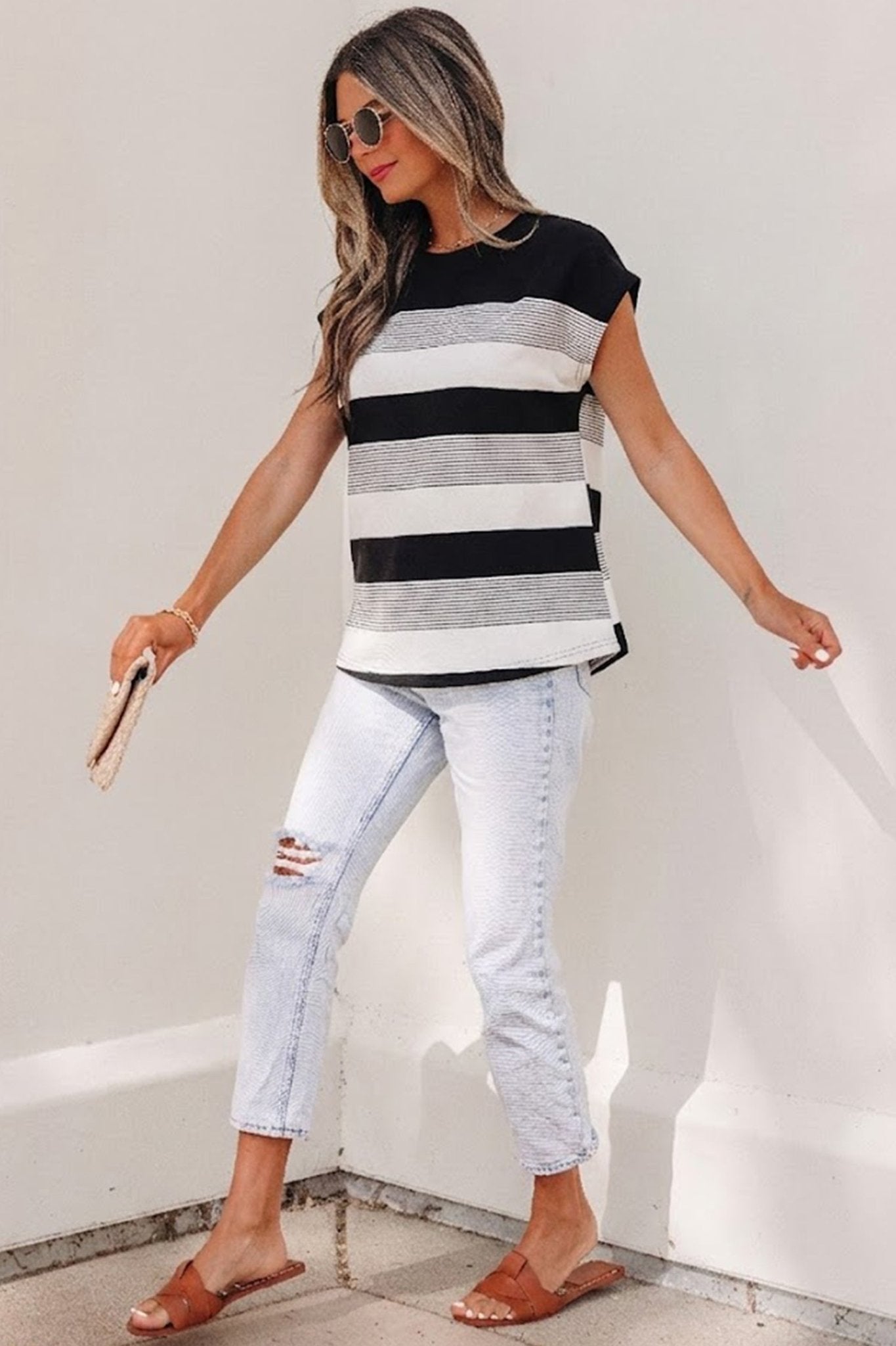 Black Stripe Mixed Print Crew Neck Cap Sleeve T Shirt - Crowned Energy CO.