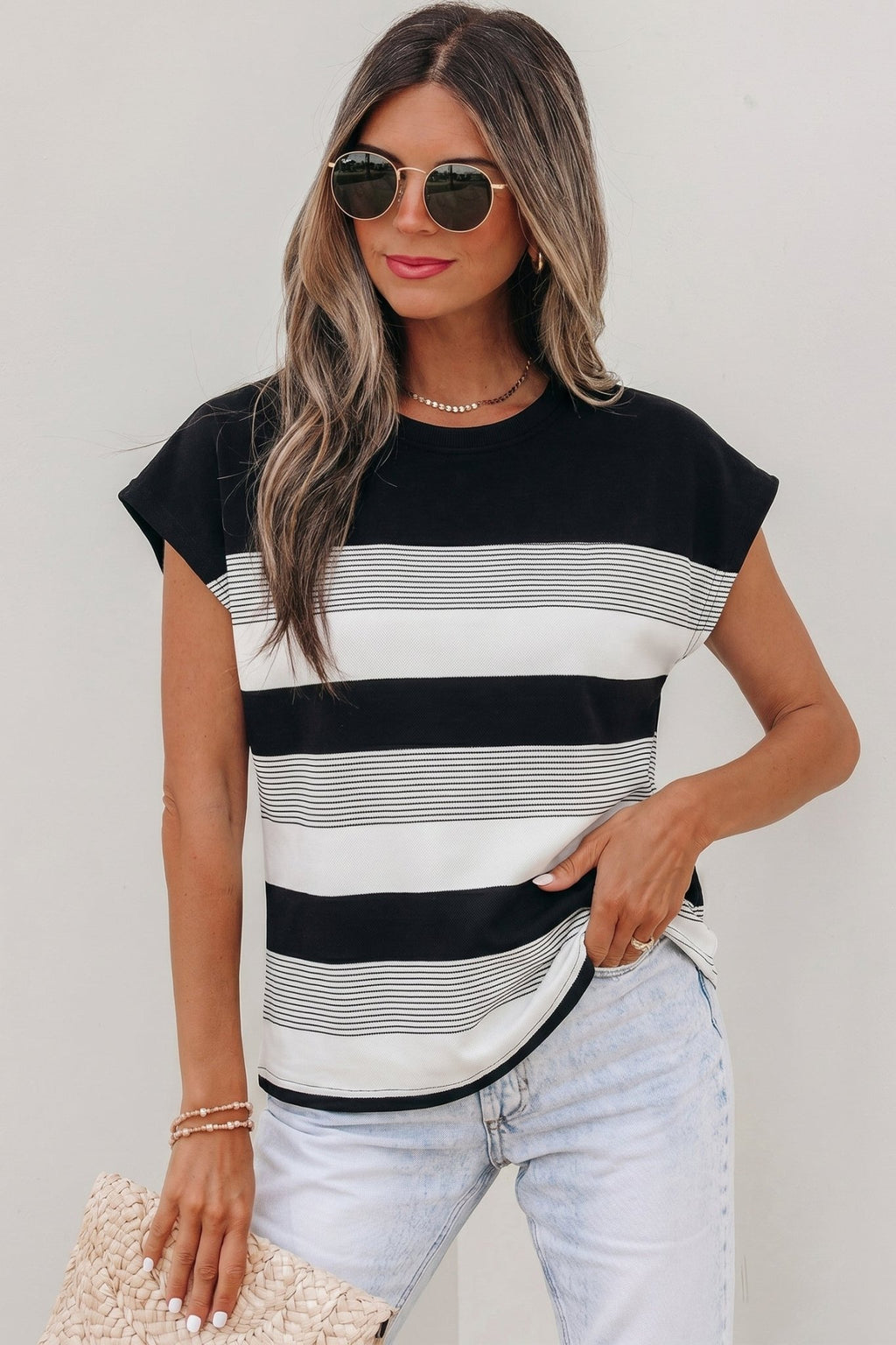 Black Stripe Mixed Print Crew Neck Cap Sleeve T Shirt - Crowned Energy CO.