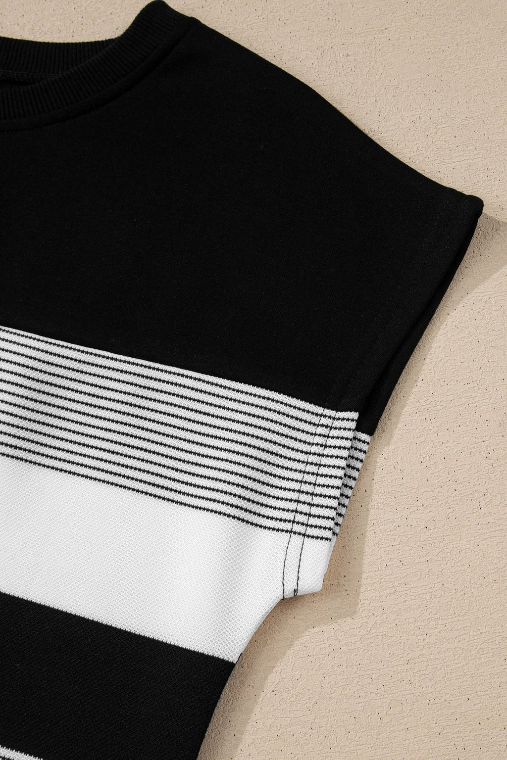Black Stripe Mixed Print Crew Neck Cap Sleeve T Shirt - Crowned Energy CO.