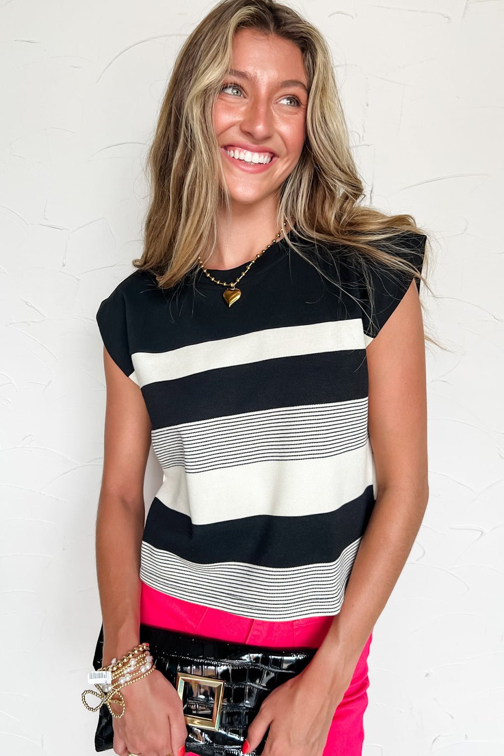 Black Stripe Mixed Print Crew Neck Cap Sleeve T Shirt - Crowned Energy CO.