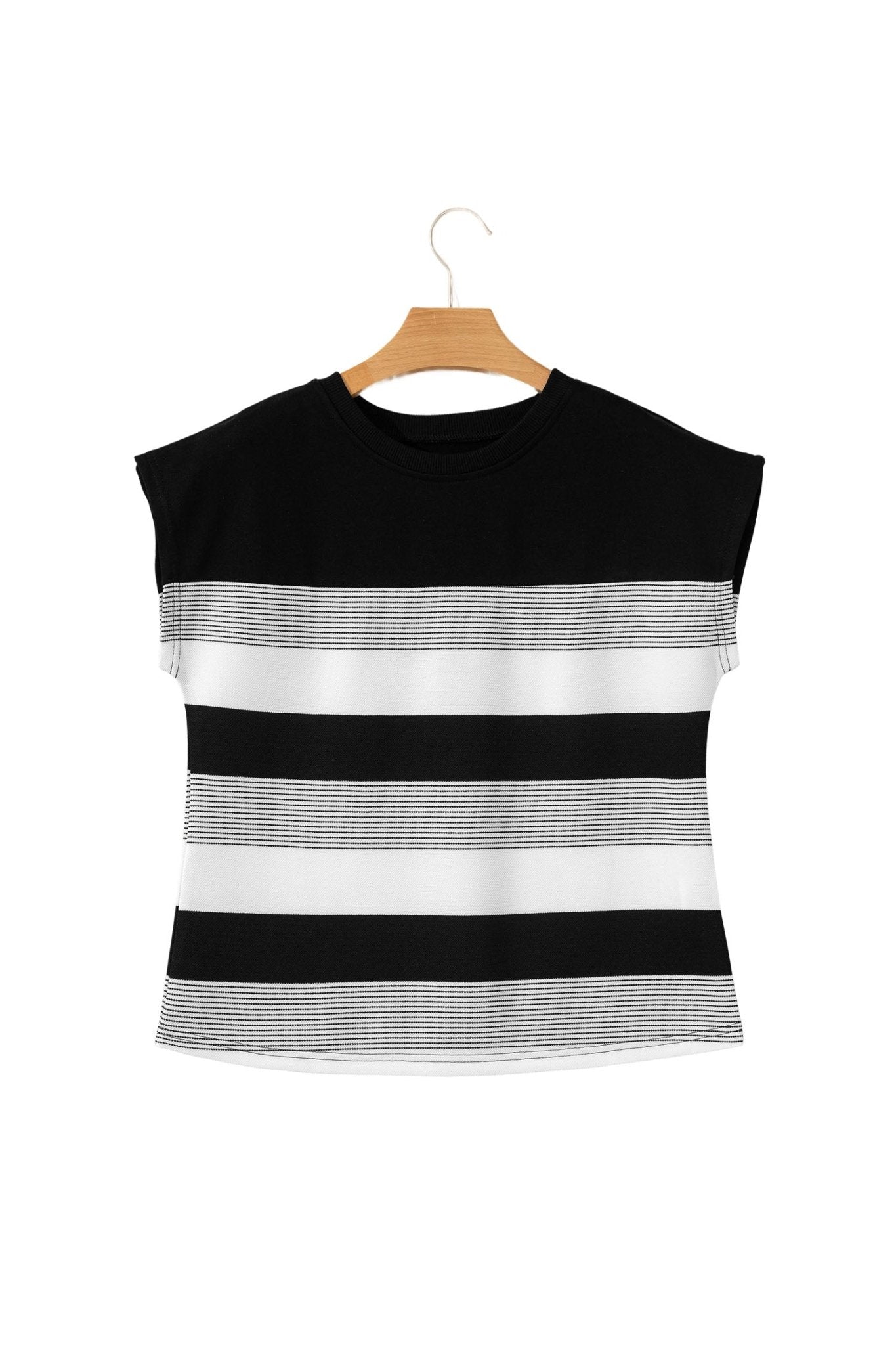 Black Stripe Mixed Print Crew Neck Cap Sleeve T Shirt - Crowned Energy CO.