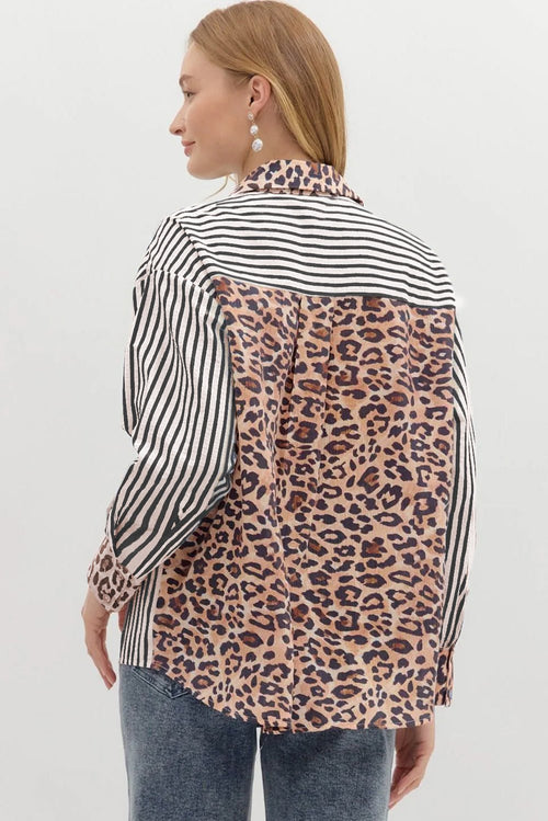 Black Striped Leopard Print Patchwork Button Up Womens Shirt - Crowned Energy CO.