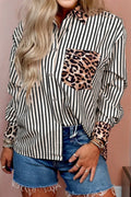 Black Striped Leopard Print Patchwork Button Up Womens Shirt - Crowned Energy CO.