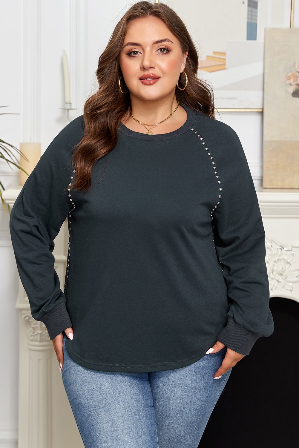 Black Studded Decor Ribbed Edge Mineral Wash Plus Size Jumper - Crowned Energy CO.