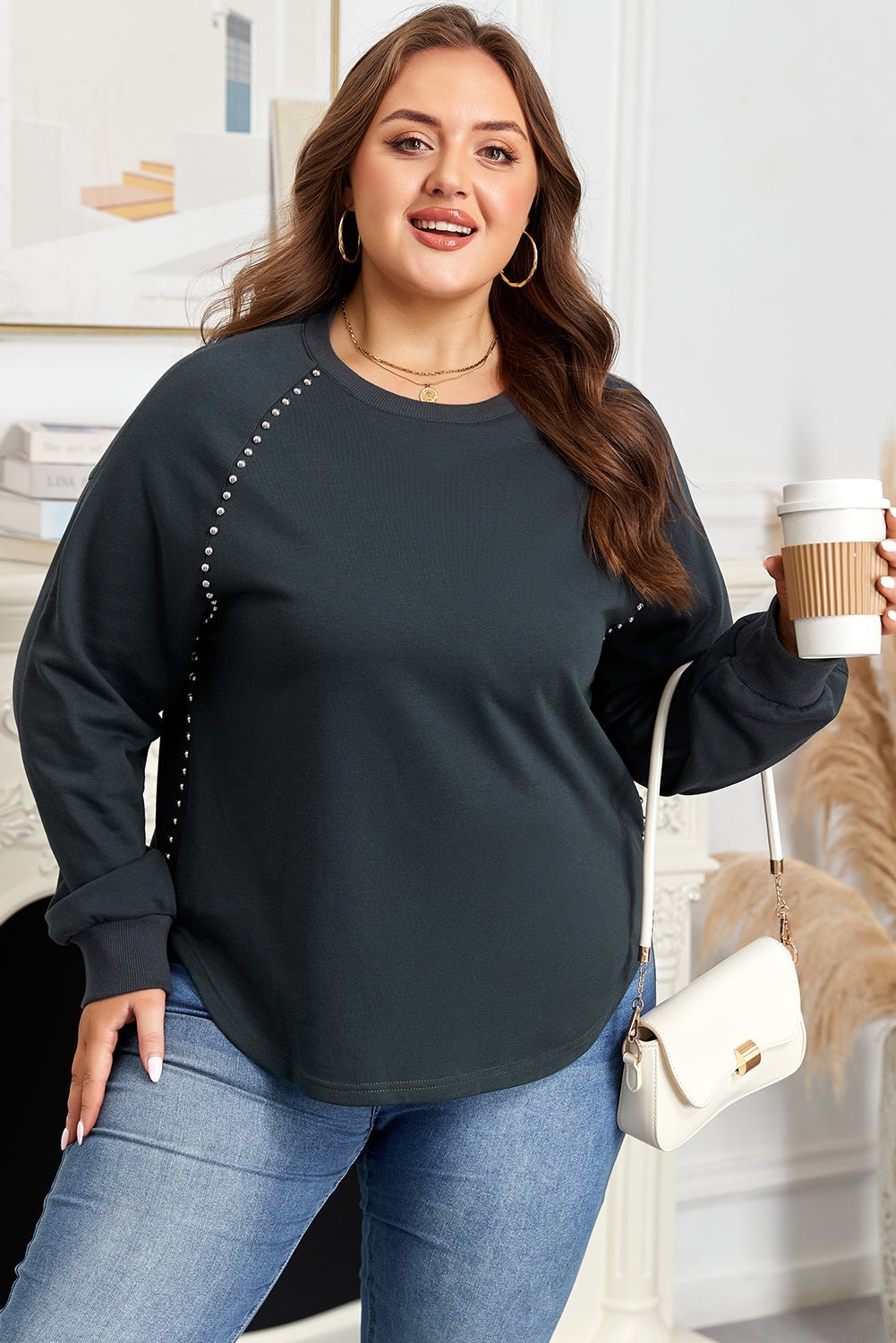 Black Studded Decor Ribbed Edge Mineral Wash Plus Size Jumper - Crowned Energy CO.