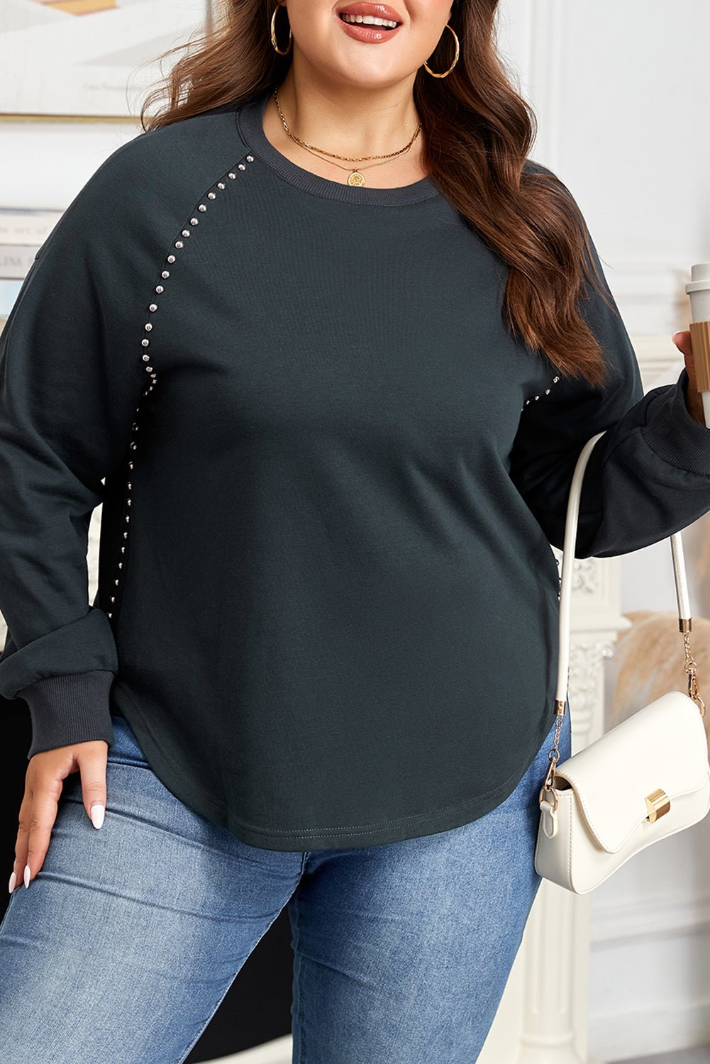 Black Studded Decor Ribbed Edge Mineral Wash Plus Size Jumper - Crowned Energy CO.