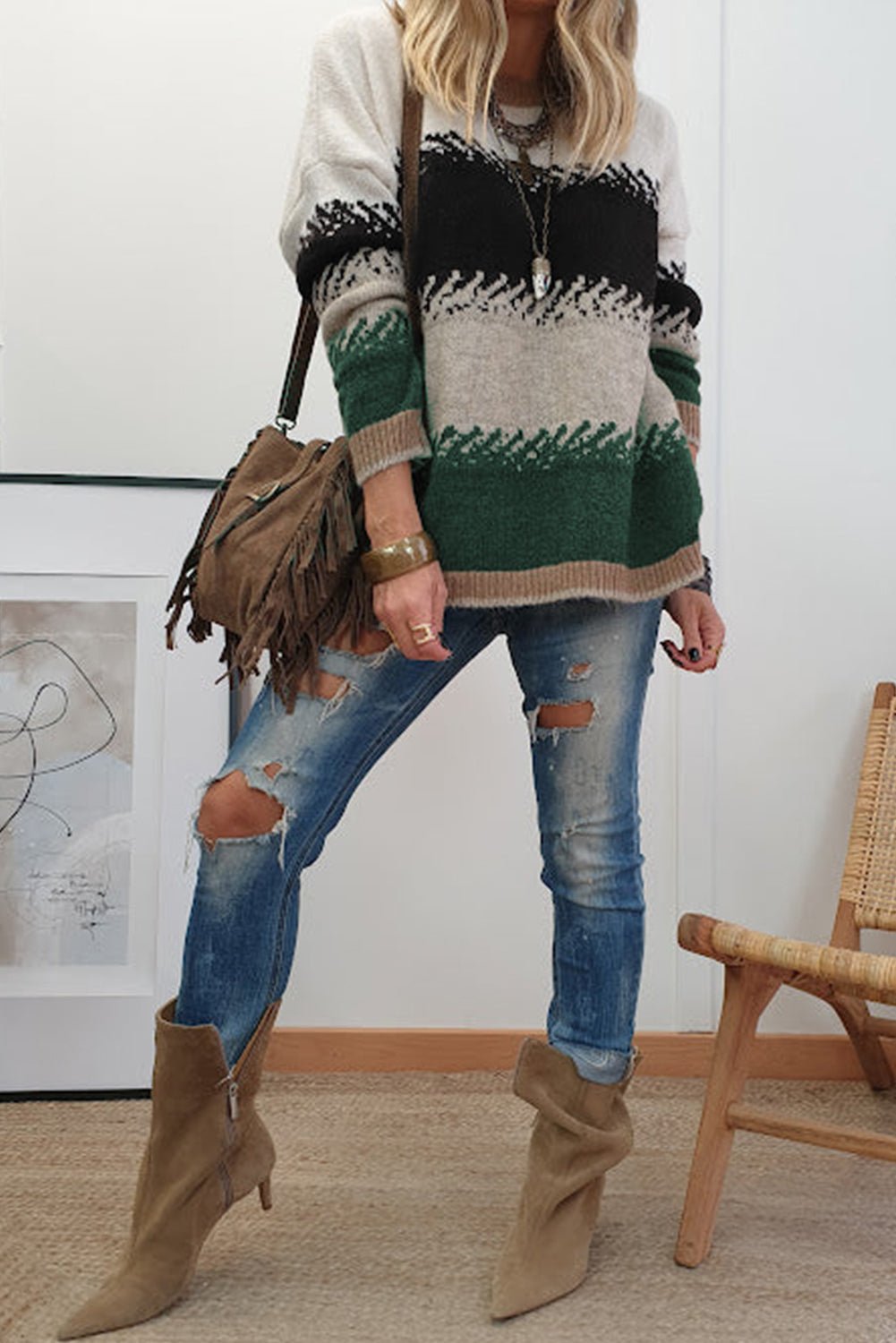 Crowned Energy CO. Black / S / 52%Viscose+26%Polyester+22%Polyamide Dear-Lover Dropshipping Sweaters & Cardigans/Sweaters Black Stylish Color Block Pattern Drop Shoulder Sweater