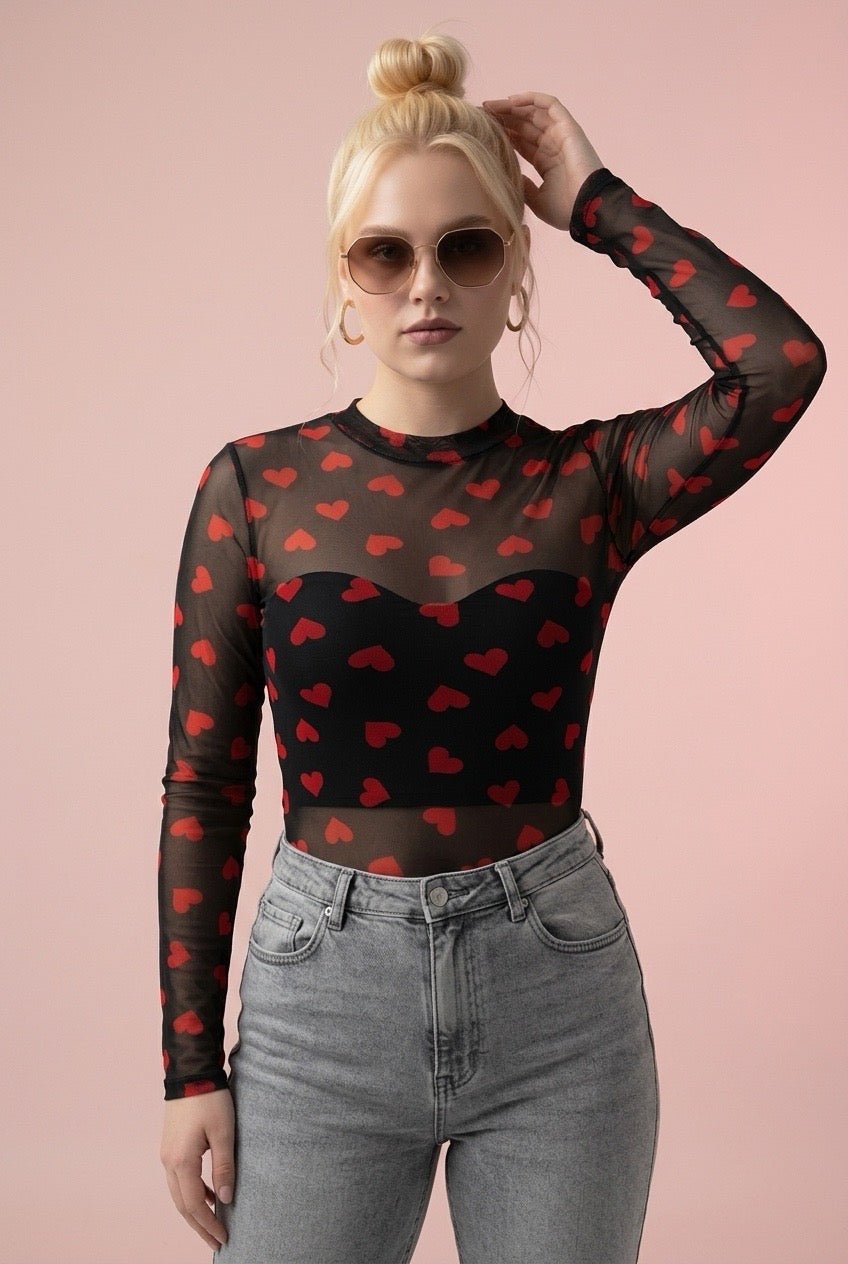 Black Valentines Heart Printed Sheer Mesh Long Sleeve Top - Crowned Energy CO.