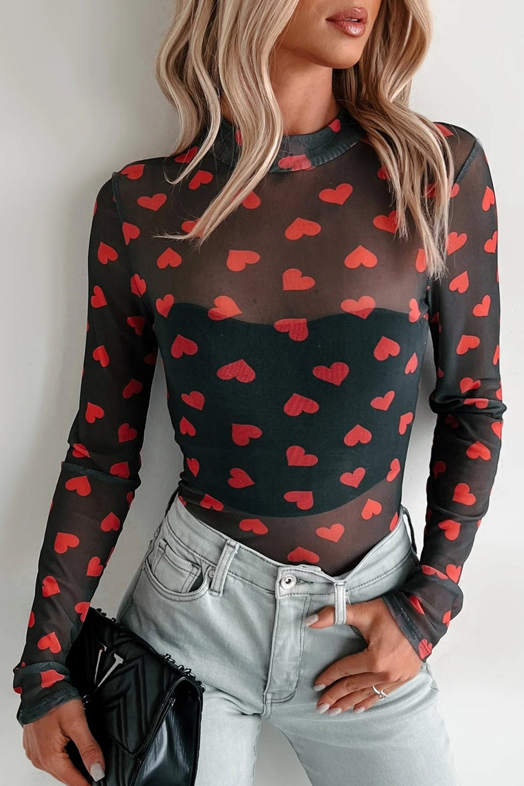 Black Valentines Heart Printed Sheer Mesh Long Sleeve Top - Crowned Energy CO.