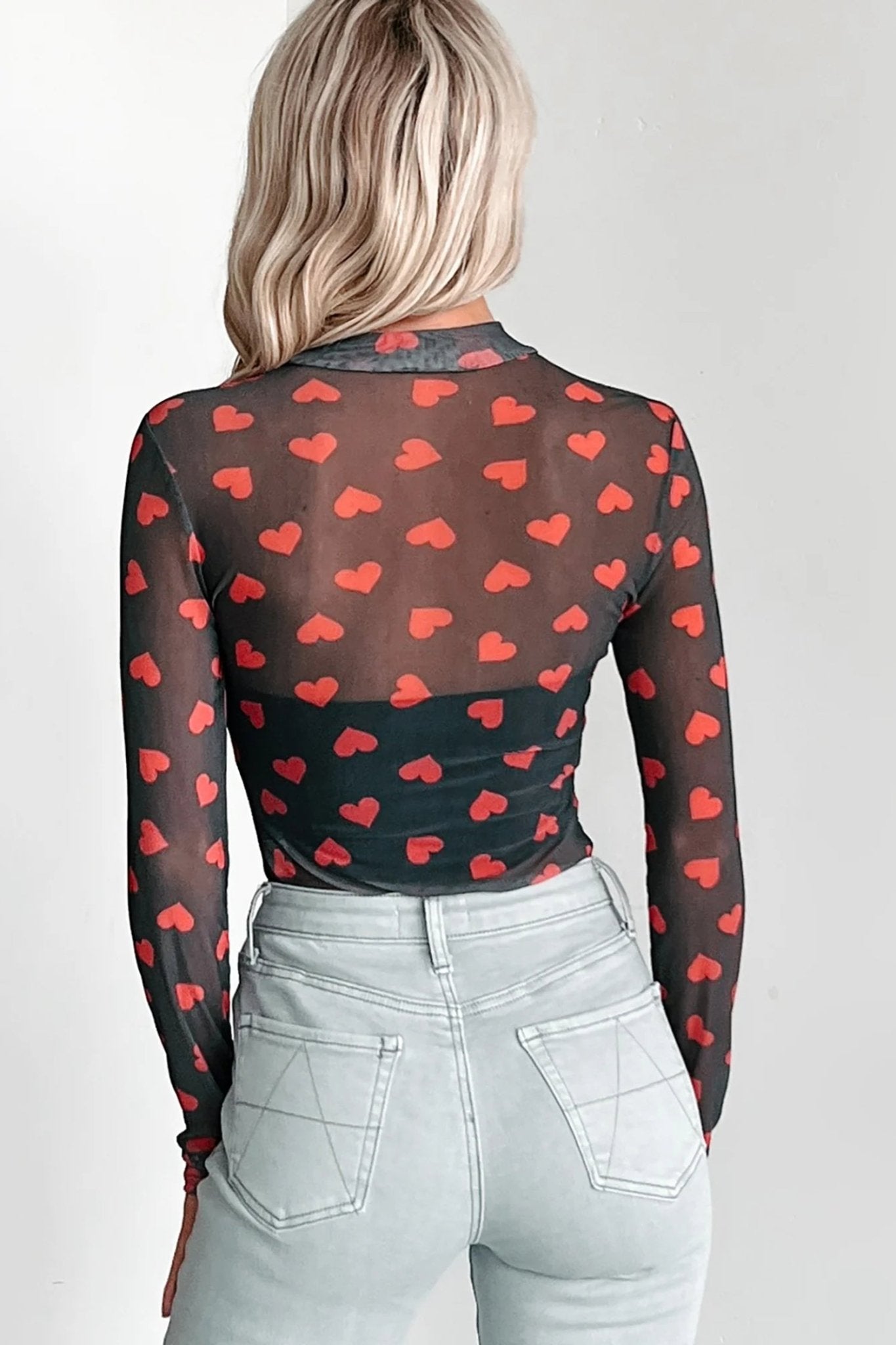 Black Valentines Heart Printed Sheer Mesh Long Sleeve Top - Crowned Energy CO.