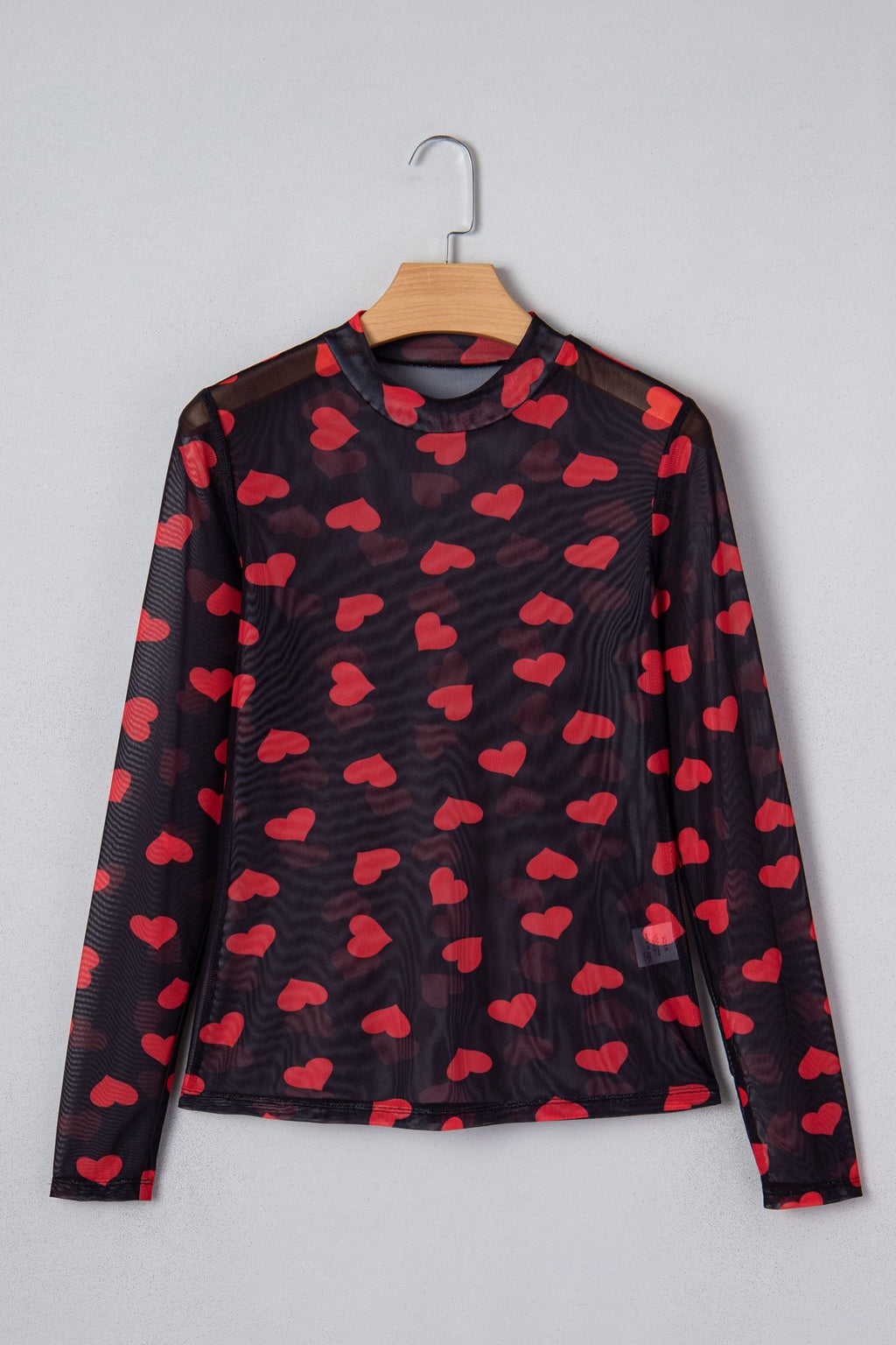 Black Valentines Heart Printed Sheer Mesh Long Sleeve Top - Crowned Energy CO.