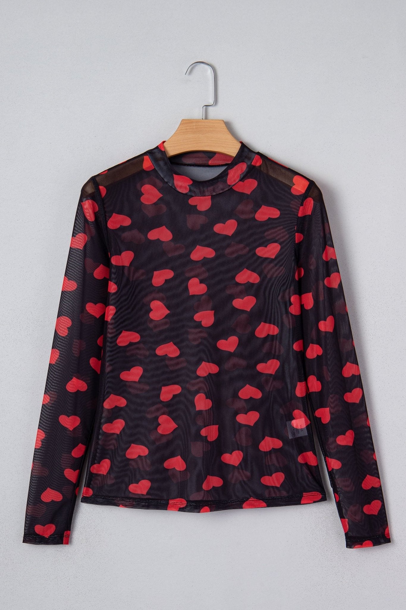Black Valentines Heart Printed Sheer Mesh Long Sleeve Top - Crowned Energy CO.