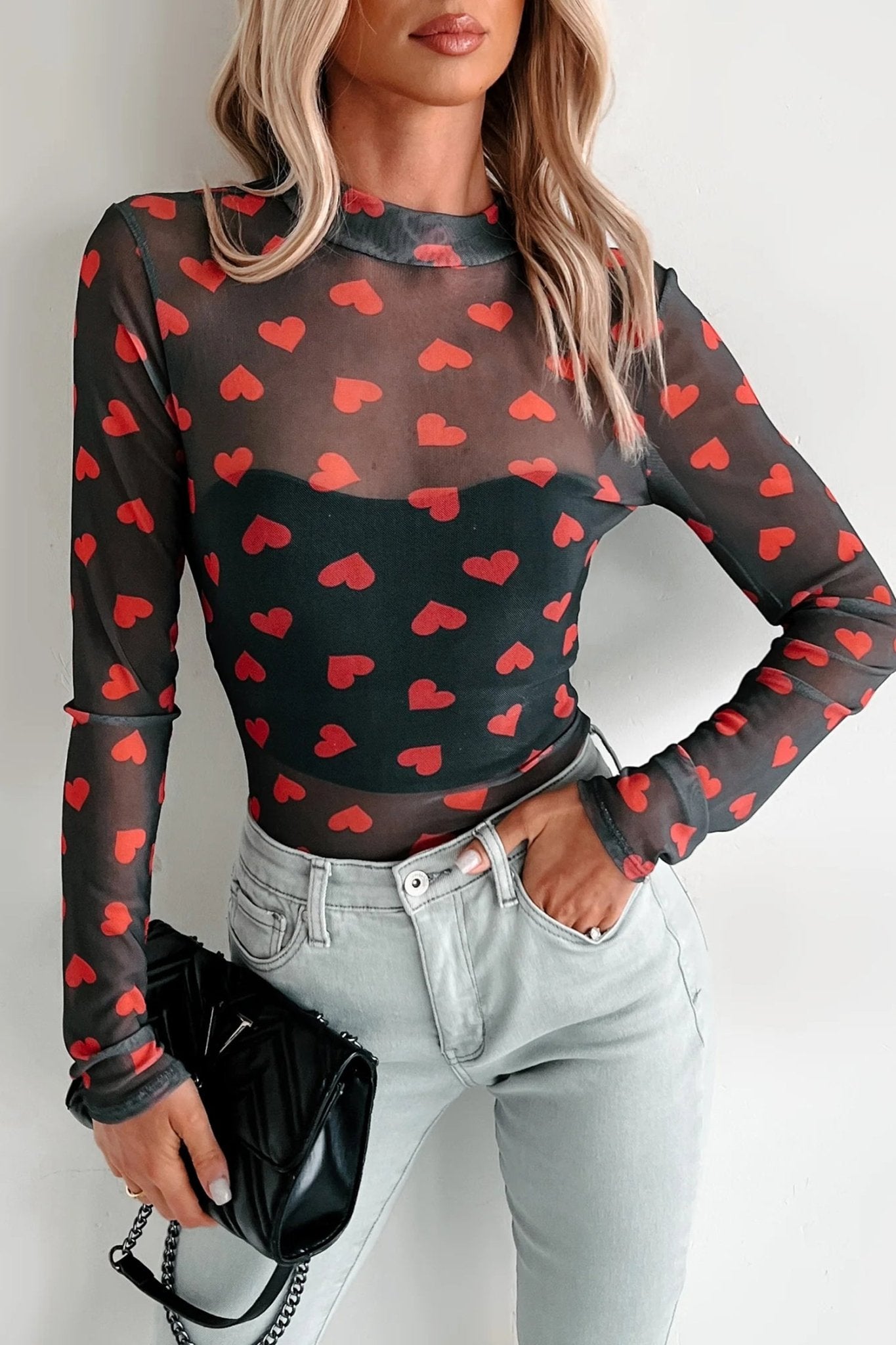 Black Valentines Heart Printed Sheer Mesh Long Sleeve Top - Crowned Energy CO.