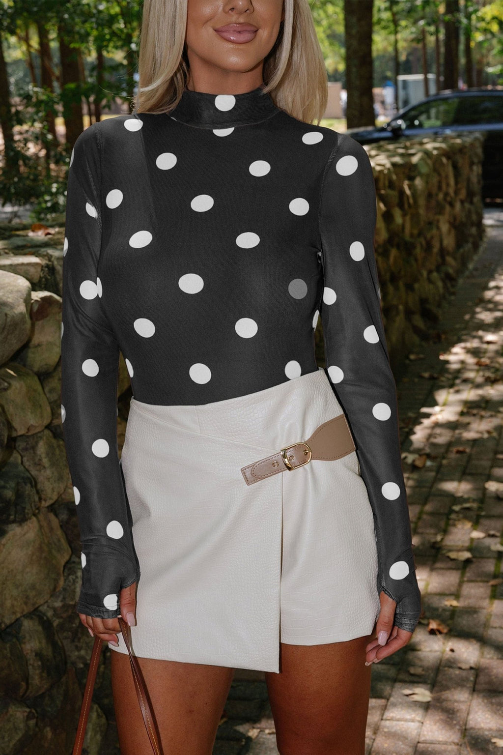 Black Vintage Polka Dot Print Mesh Long Sleeve Bodysuit - Crowned Energy CO.