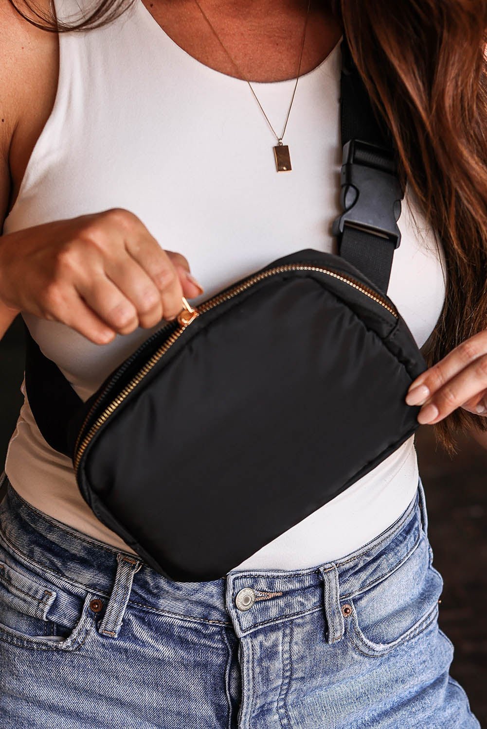 Black Waterproof Zipped Crossbody Chest Bag 20*5*14cm - Crowned Energy CO.