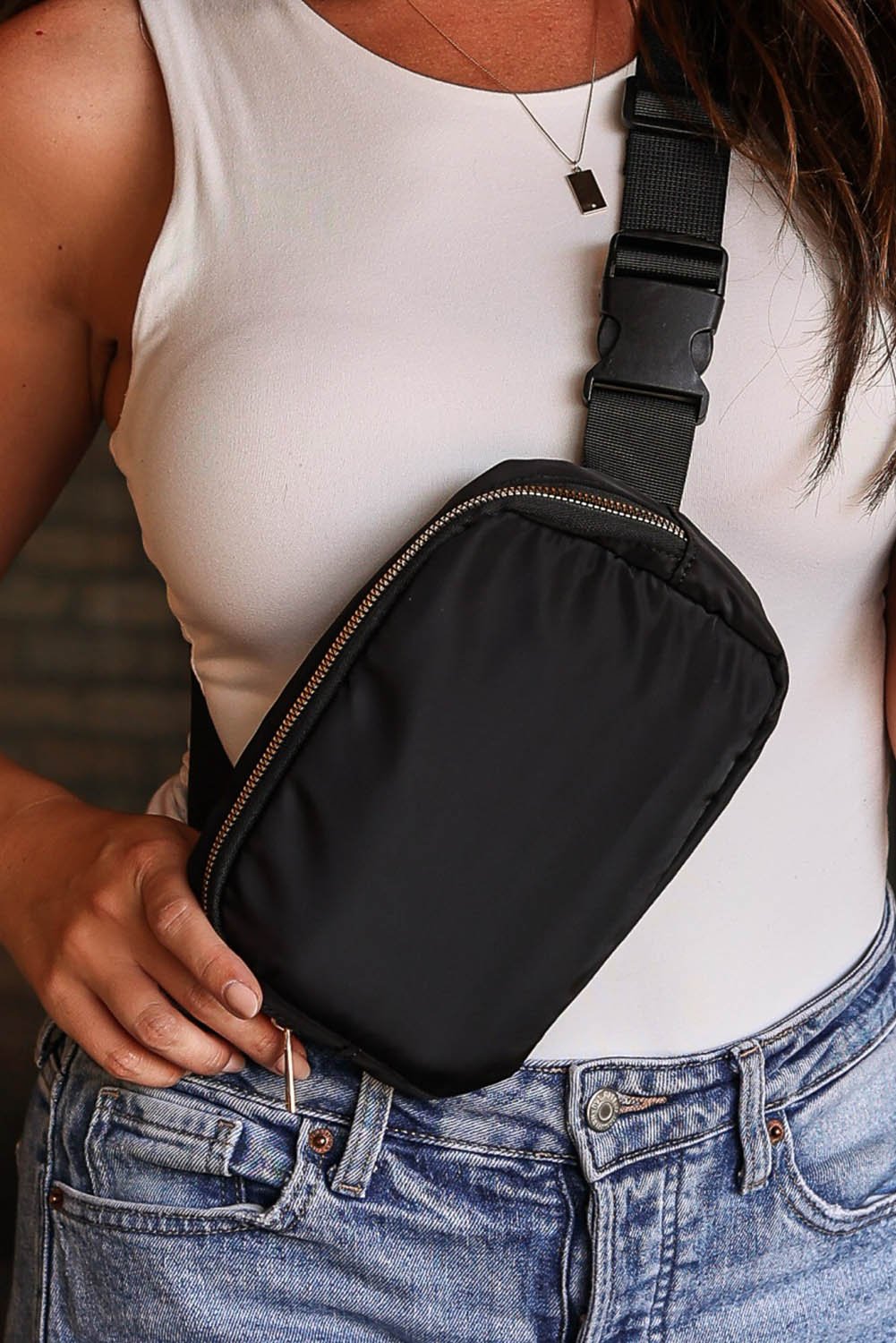 Black Waterproof Zipped Crossbody Chest Bag 20*5*14cm - Crowned Energy CO.