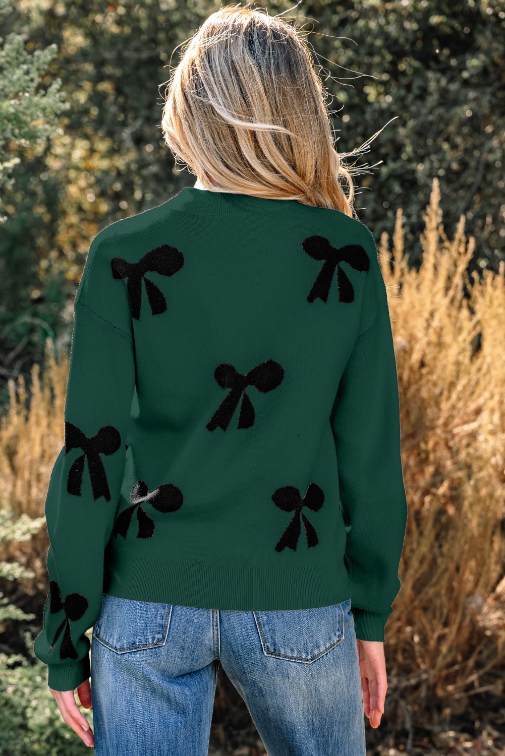Crowned Energy CO. Blackish Green / S / 52%Viscose+26%Polyester+22%Polyamide Dear-Lover Dropshipping Sweaters & Cardigans/Sweaters Blackish Green Pearl Embellished Bow Pattern Loose Sweater