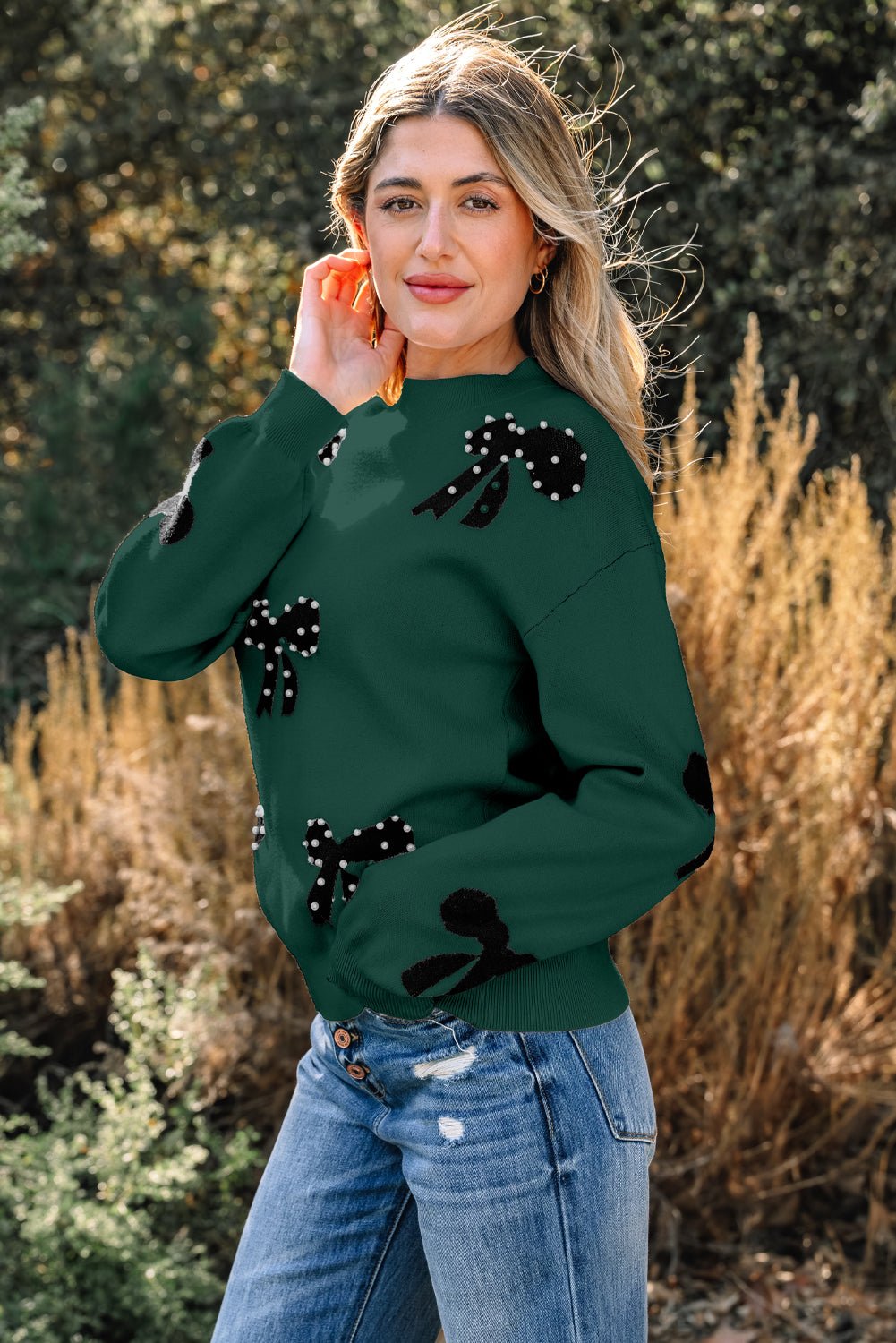 Crowned Energy CO. Blackish Green / S / 52%Viscose+26%Polyester+22%Polyamide Dear-Lover Dropshipping Sweaters & Cardigans/Sweaters Blackish Green Pearl Embellished Bow Pattern Loose Sweater