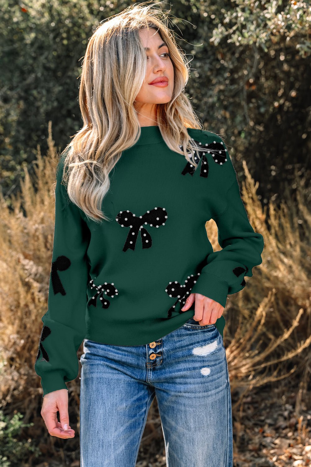 Crowned Energy CO. Blackish Green / S / 52%Viscose+26%Polyester+22%Polyamide Dear-Lover Dropshipping Sweaters & Cardigans/Sweaters Blackish Green Pearl Embellished Bow Pattern Loose Sweater