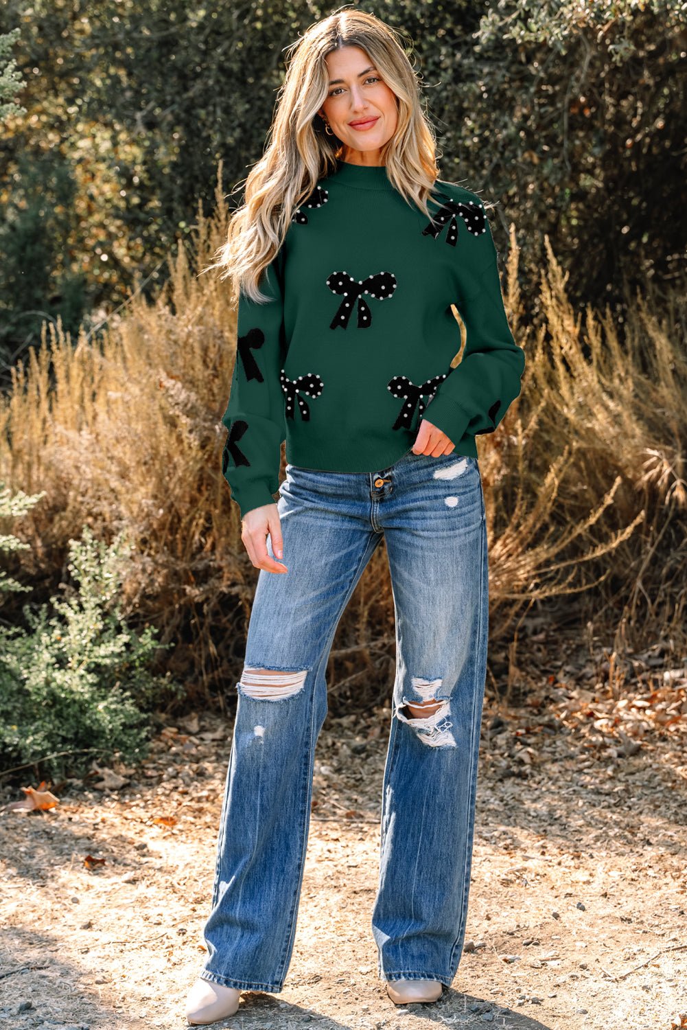 Crowned Energy CO. Blackish Green / S / 52%Viscose+26%Polyester+22%Polyamide Dear-Lover Dropshipping Sweaters & Cardigans/Sweaters Blackish Green Pearl Embellished Bow Pattern Loose Sweater