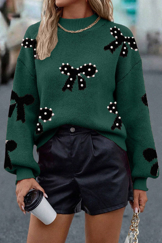 Crowned Energy CO. Blackish Green / S / 52%Viscose+26%Polyester+22%Polyamide Dear-Lover Dropshipping Sweaters & Cardigans/Sweaters Blackish Green Pearl Embellished Bow Pattern Loose Sweater