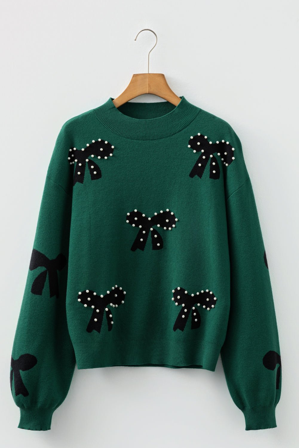 Crowned Energy CO. Blackish Green / S / 52%Viscose+26%Polyester+22%Polyamide Dear-Lover Dropshipping Sweaters & Cardigans/Sweaters Blackish Green Pearl Embellished Bow Pattern Loose Sweater