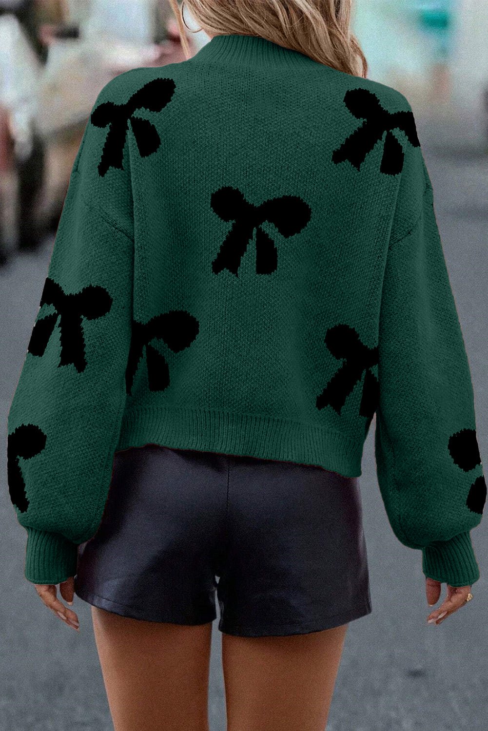 Crowned Energy CO. Blackish Green / S / 52%Viscose+26%Polyester+22%Polyamide Dear-Lover Dropshipping Sweaters & Cardigans/Sweaters Blackish Green Pearl Embellished Bow Pattern Loose Sweater