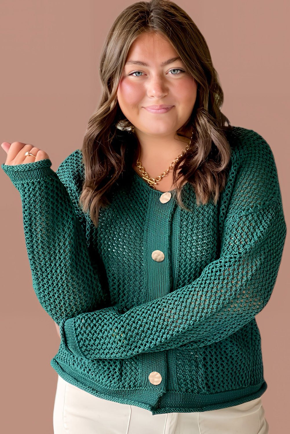 Blackish Green Plus Size Golden Accent Buttons Short Sweater Cardigan - Crowned Energy CO.