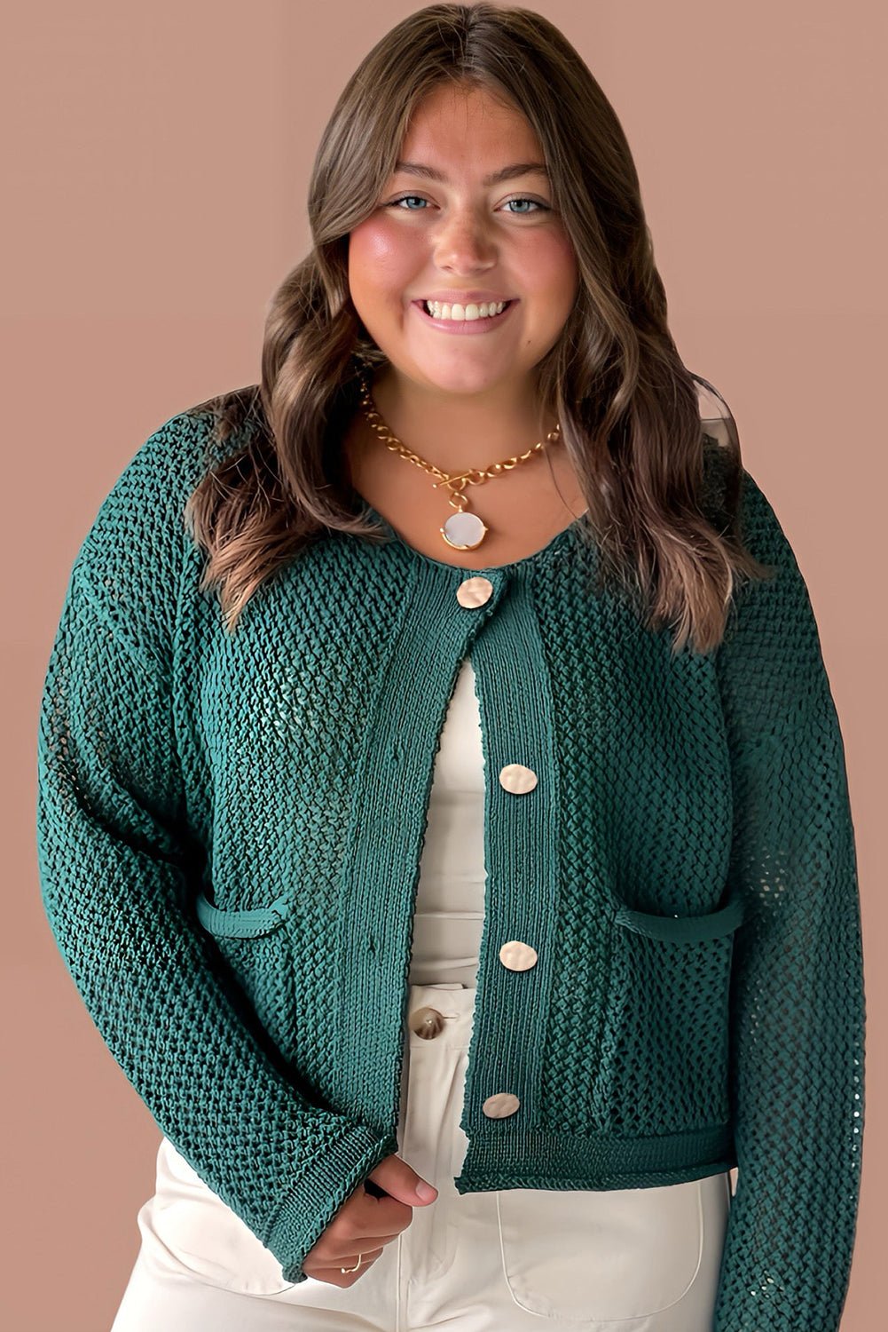 Blackish Green Plus Size Golden Accent Buttons Short Sweater Cardigan - Crowned Energy CO.