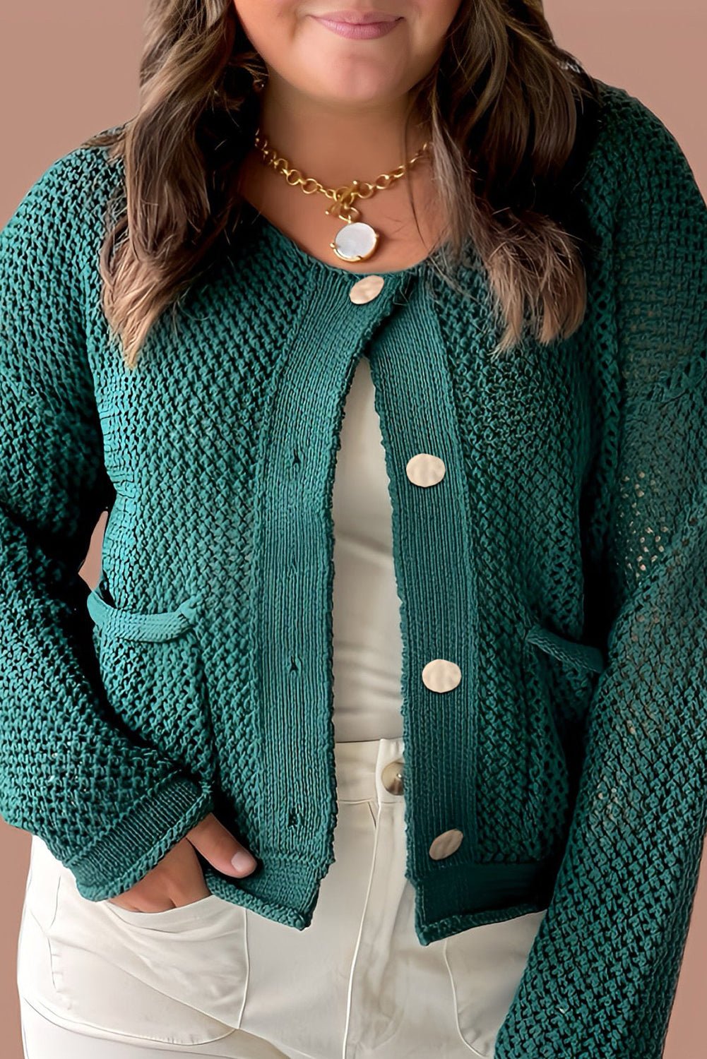 Blackish Green Plus Size Golden Accent Buttons Short Sweater Cardigan - Crowned Energy CO.