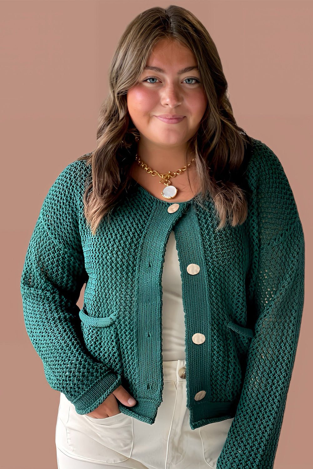 Blackish Green Plus Size Golden Accent Buttons Short Sweater Cardigan - Crowned Energy CO.