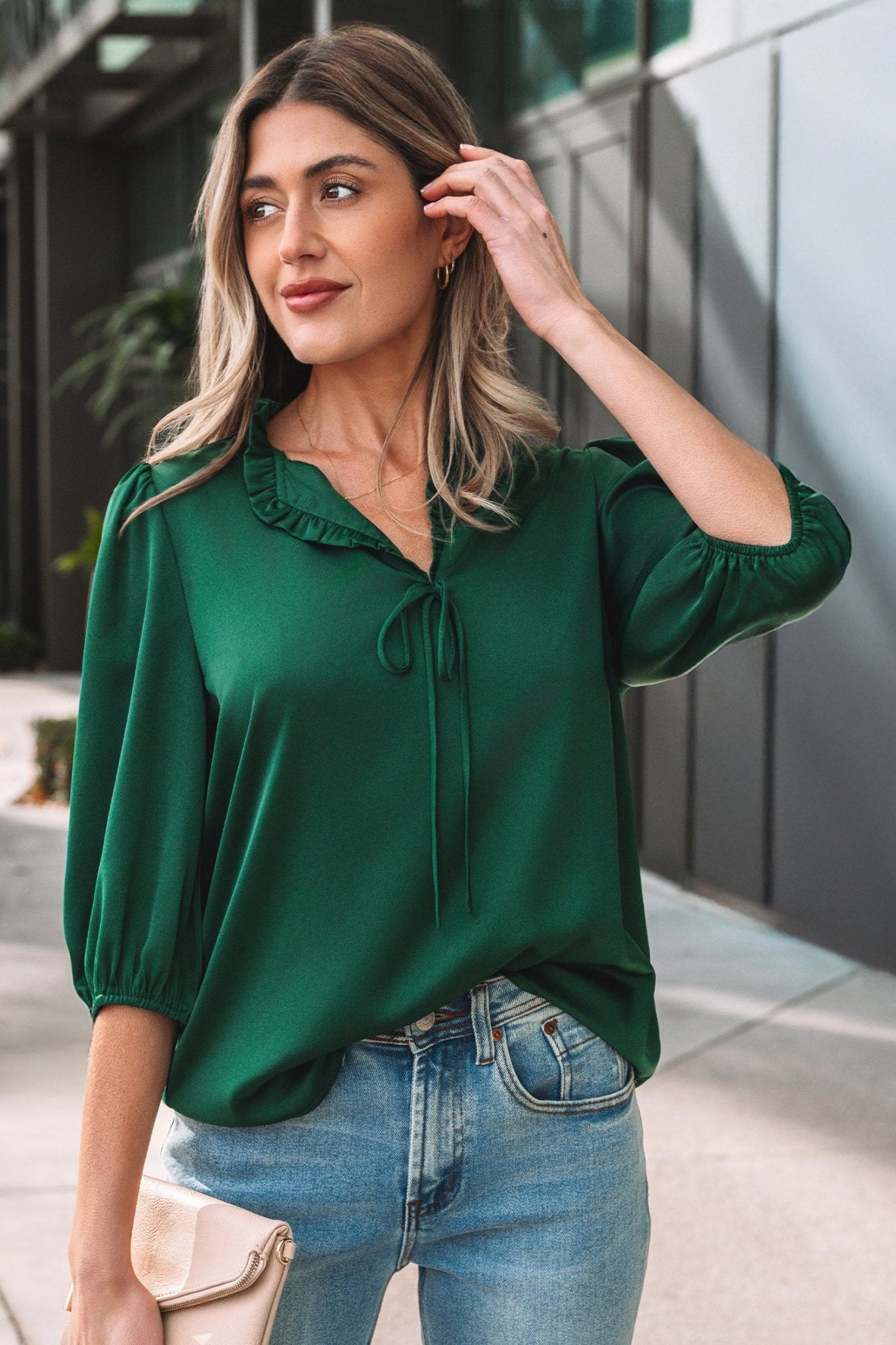 Blackish Green Solid Color Frilled V Neck Bow Detail 3/4 Sleeve Blouse - Crowned Energy CO.