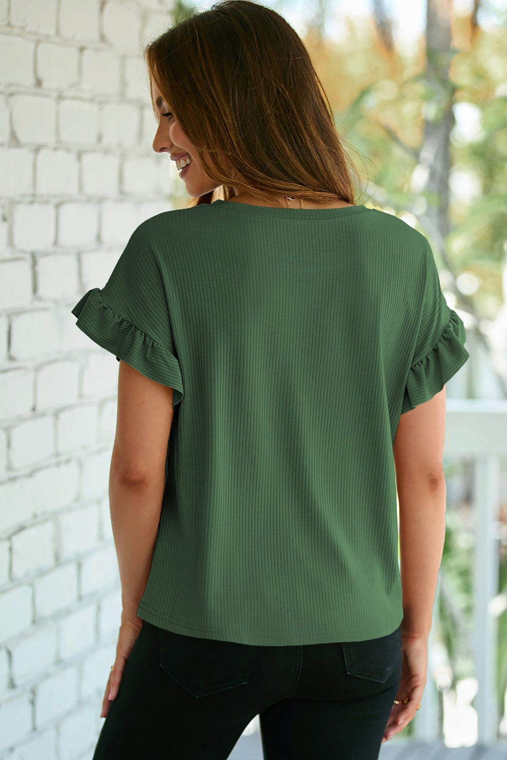 Blackish Green Solid Color Ribbed Ruffled Short Sleeve T Shirt - Crowned Energy CO.