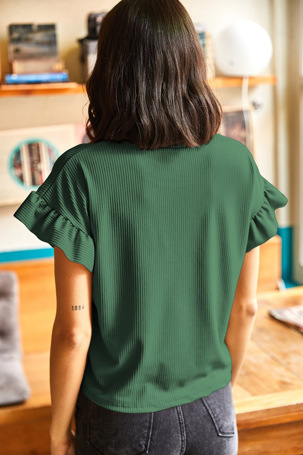 Blackish Green Solid Color Ribbed Ruffled Short Sleeve T Shirt - Crowned Energy CO.
