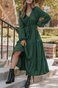 Blackish Green Solid Long Sleeve Button V Neck Tiered Maxi Dress - Crowned Energy CO.