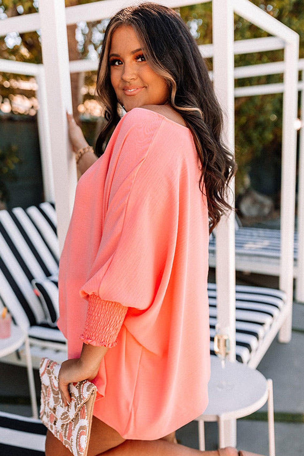 Crowned Energy CO. Blossom / 1X / 100%Polyester Dear-Lover Dropshipping Plus Size/Plus Size Tops/Plus Size Blouses & Shirts Blossom Shirred Cuffs Half Sleeve Plus Size Textured Blouse