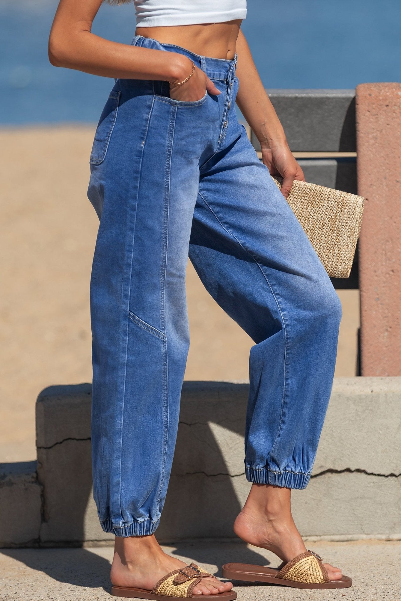 Blue 4 Buttons Front Tapered Casual Loose Fit Jeans - Crowned Energy CO.