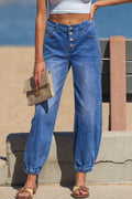Blue 4 Buttons Front Tapered Casual Loose Fit Jeans - Crowned Energy CO.