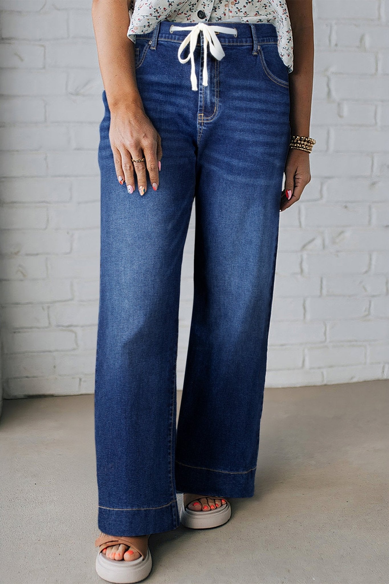 Blue Acid Wash Contrast Lace - up Plus Size Jeans - Crowned Energy CO.