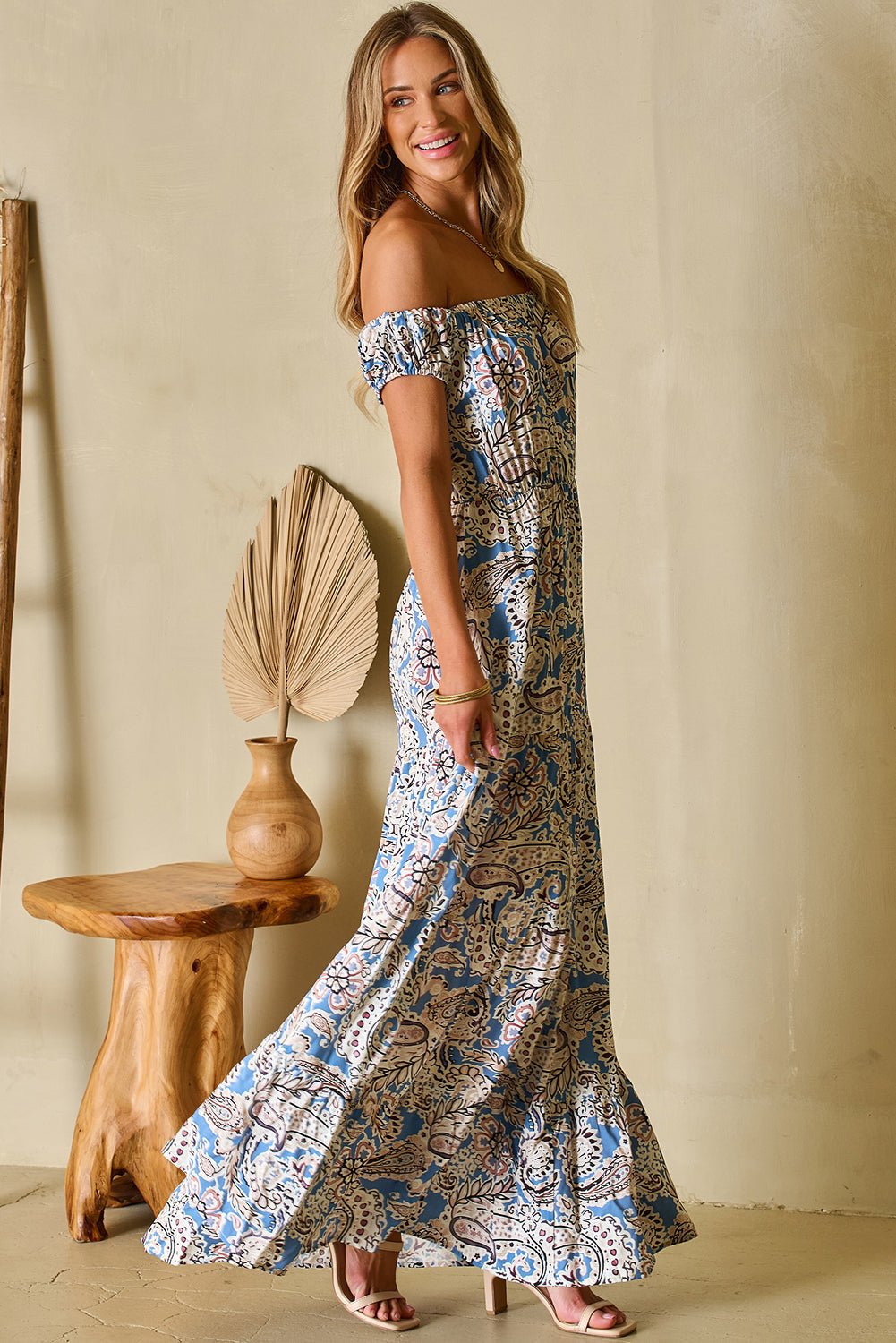 Crowned Energy CO. Blue / S / 100%Viscose Dear-Lover Dropshipping Dresses/Floral Dresses Blue Boho Paisley Print Off Shoulder Maxi Dress