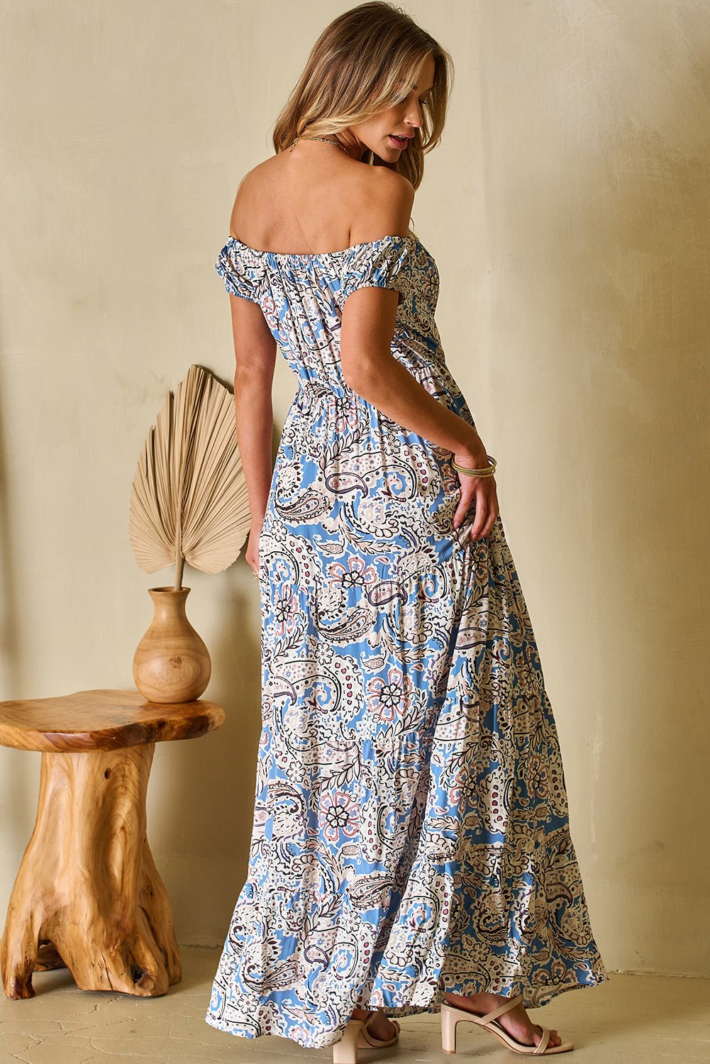 Crowned Energy CO. Blue / S / 100%Viscose Dear-Lover Dropshipping Dresses/Floral Dresses Blue Boho Paisley Print Off Shoulder Maxi Dress
